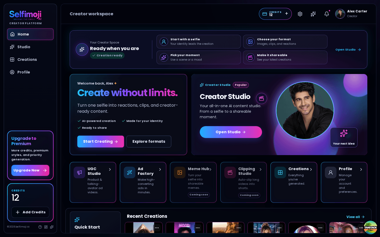 Selfimoji Creator Studio desktop dashboard