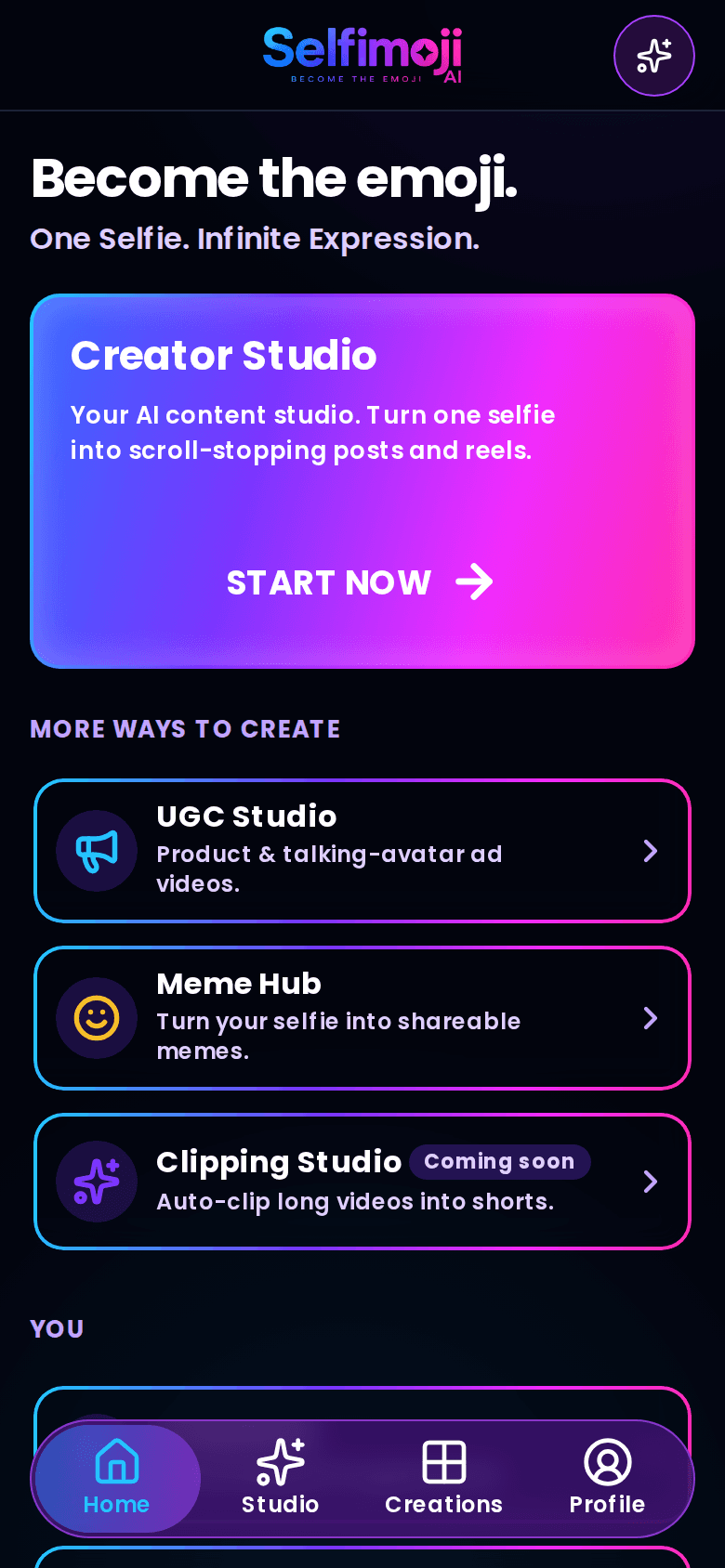 Selfimoji Creator Studio mobile dashboard